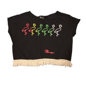 Flamingo Black Crop Top with Colorful Flamingo Print And Fringe